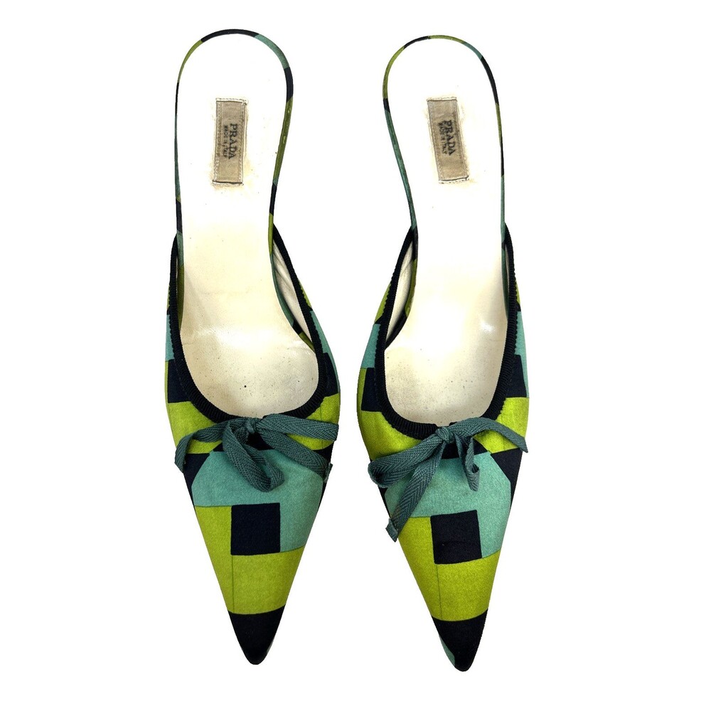 VTG Prada Mules Sz 35.5 Satin Geometric Blue Green Kitten Heels Bow Accent RARE! - Picture 2 of 15